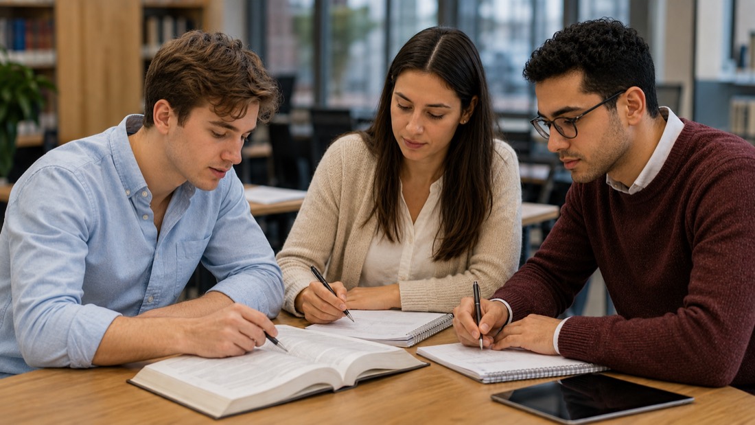 Tres opositores estudiando juntos con apuntes, libros y una tableta en una biblioteca