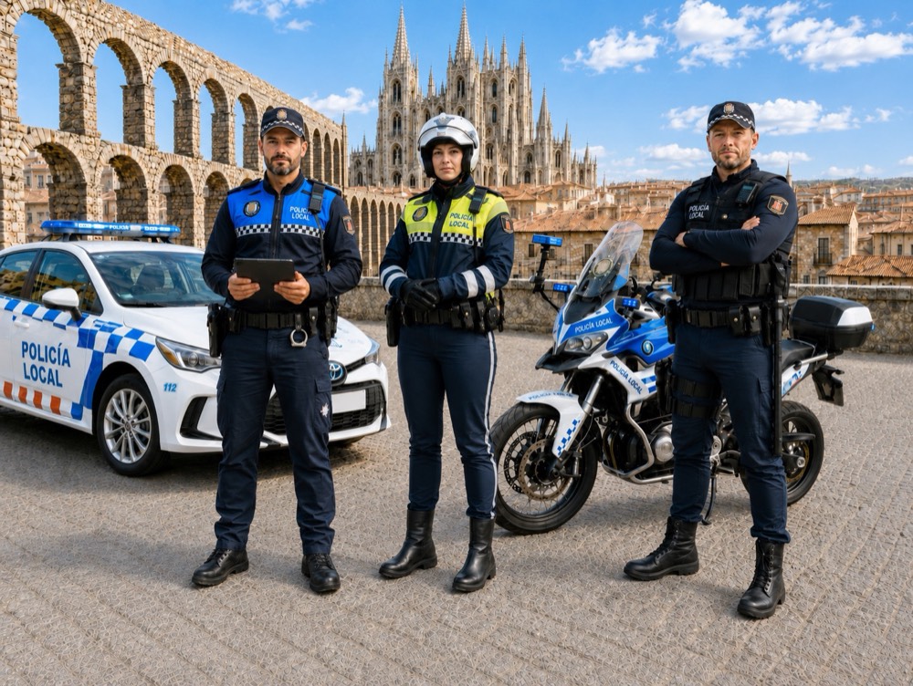 Tres agentes de Policía Local de Castilla y León con coche patrulla y moto de tráfico, ante el acueducto y la catedral